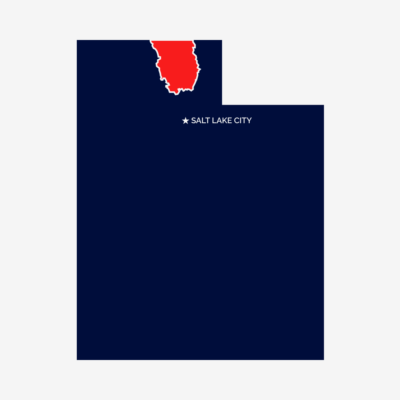Blue outline of the State of Utah with a red outline showing Cache county.