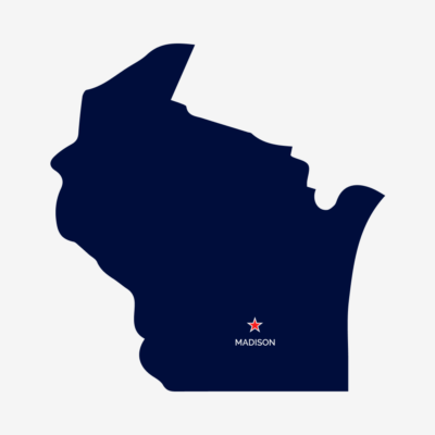 Blue outline of the State of Wisconsin with a red outline showing the city of Madison