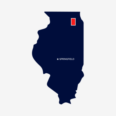 Blue outline of the State of Illinois with a red outline showing Kane county.