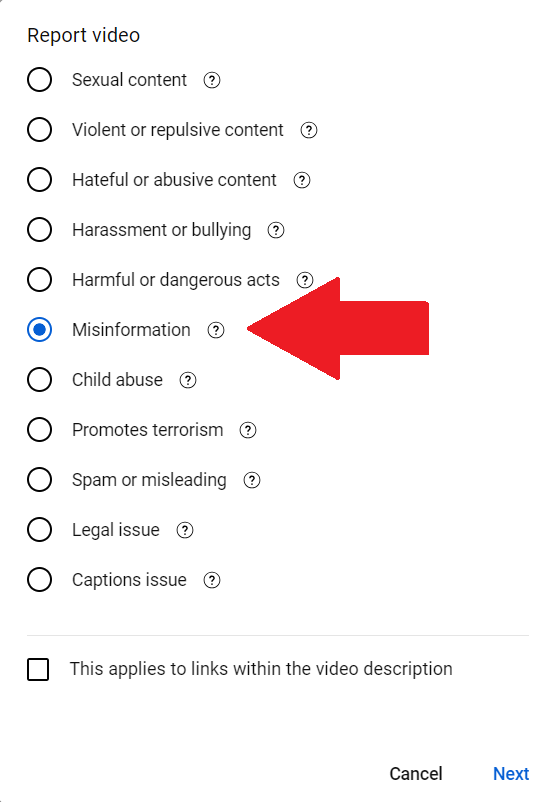 YouTube’s option for reporting election misinformation