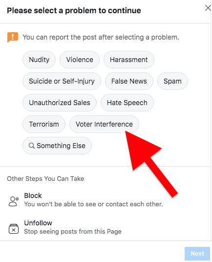 Facebook’s option for reporting voter interference